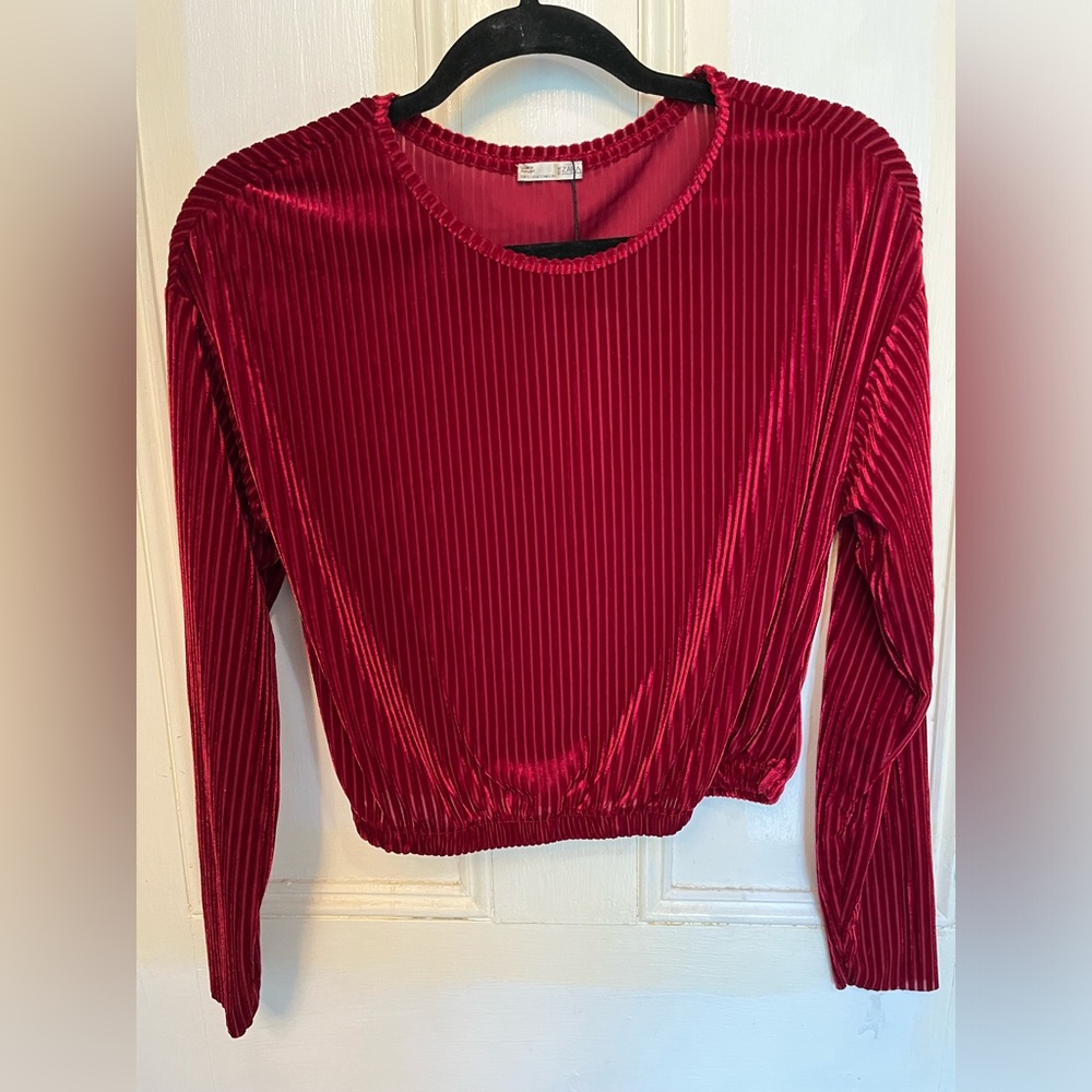 Zara Long Sleeve Red Velvet Look Scoop Neck Crop Top Small